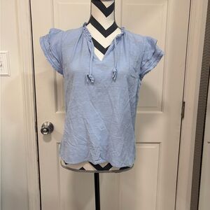 FRYE Light Blue Ruffled Top Tie Front Boho Blouse Relaxed Flowy Tassels V-neck